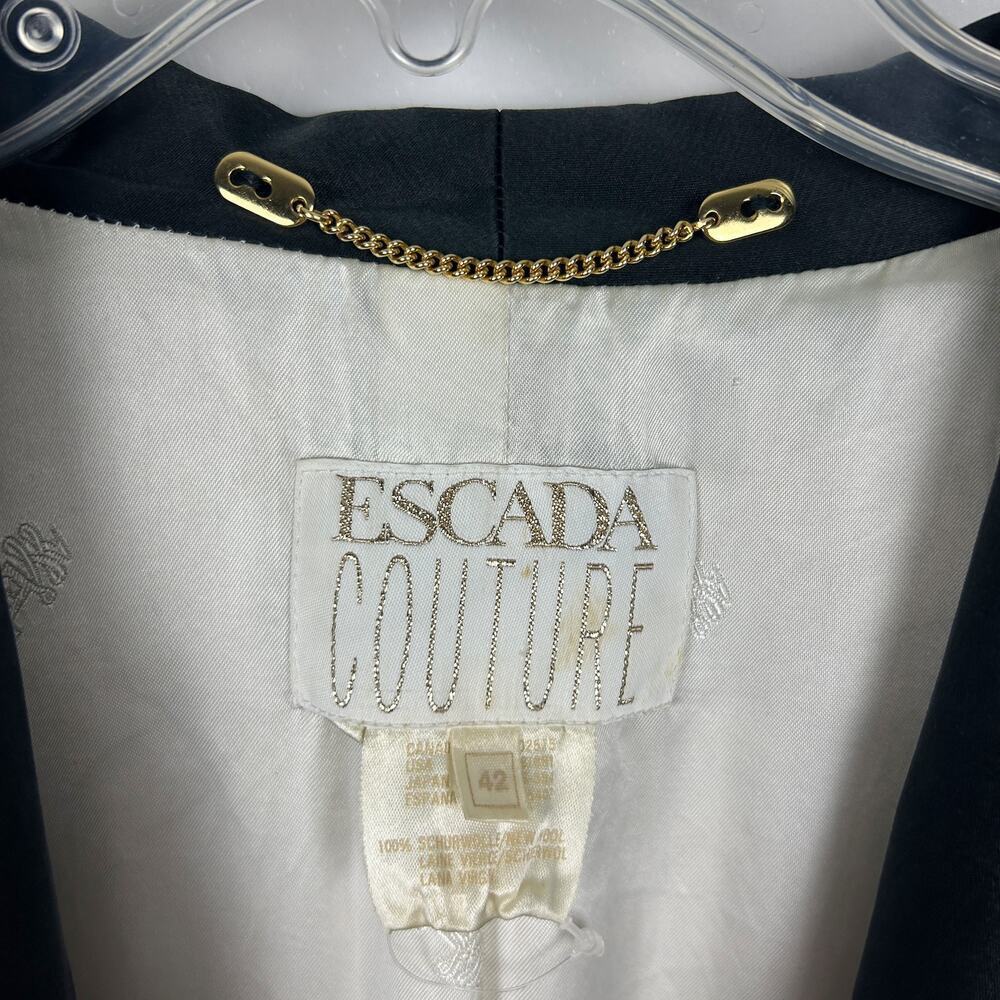 Escada Vintage 90s Cream Wool Black Lapel Structured Blazer L - Picture 5 of 7